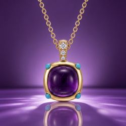Golden Cushion Cabochon & Round Cut Amethyst & Turquoise Sapphire Pendant Necklace