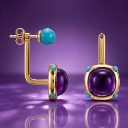 Golden Cushion Cabochon & Round Cut Amethyst & Turquoise Sapphire Drop Earrings