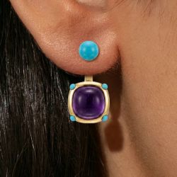 Golden Cushion Cabochon & Round Cut Amethyst & Turquoise Sapphire Drop Earrings