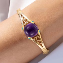 Golden Cushion Cabochon & Round Cut Amethyst & Turquoise Sapphire Bangle Bracelet