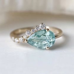 Golden Pear & Round Cut Aquamarine & White Sapphire Engagement Ring