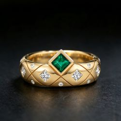 Golden Asscher & Princess Cut Emerald & White Sapphire Half Eternity Wedding Band