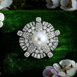 Round & Baguette Cut Pearl & White Sapphire Brooch Pin