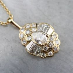 Golden Halo Pear & Round & Baguette Cut White Sapphire Pendant Necklace