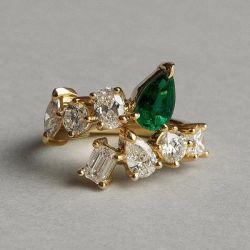 Golden Multi Cut Emerald & White Sapphire Engagement Ring