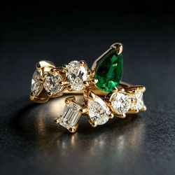 Golden Multi Cut Emerald & White Sapphire Engagement Ring