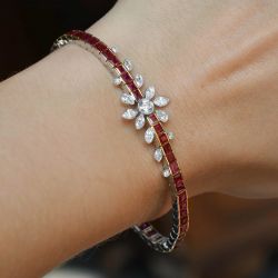 Two Tone Round & Marquise & Asscher Cut White & Ruby Sapphire Tennis Bracelet
