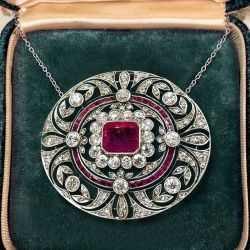 Halo Emerald & Round Cut Ruby & White Sapphire Pendant Necklace