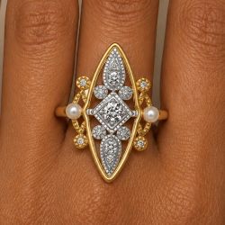 Two Tone Round Cut White Sapphire & Pearl Engagement Ring