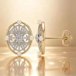 Two Tone Milgrain Round Cut White Sapphire & Pearl Stud Earrings