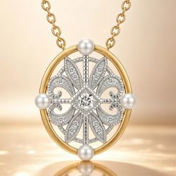 Two Tone Milgrain Round Cut White Sapphire & Pearl Pendant Necklace