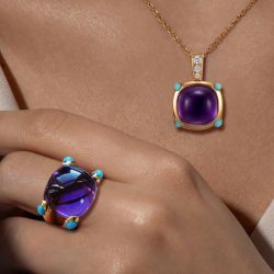 Golden Cushion Cabochon Cut Amethyst Sapphire Split Shank Engagement Ring & Pendant Necklace Set