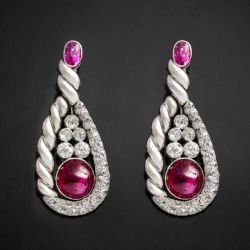 Twist Cabochon Round & Oval Cut Ruby & White Sapphire Drop Earrings