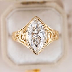 Golden Solitaire Marquise Cut White Sapphire Engagement Ring