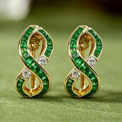 Golden Twist Round & Asscher & Baguette Cut White & Emerald Sapphire Hoop Earrings