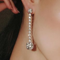 Bezel Cushion & Round Cut White Sapphire Drop Earrings