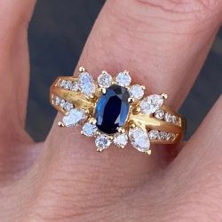 Golden Oval & Marquise & Round Cut Blue & White Sapphire Engagement Ring