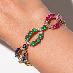 Golden Oval & Round Cut Blue & Ruby & Emerald & Yellow Sapphire Tennis Bracelet