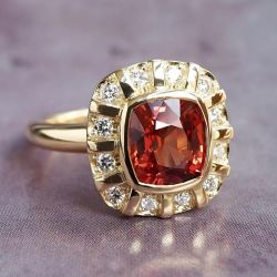 Halo Bezel Cushion & Round Cut Garnet & White Sapphire Engagement Ring 