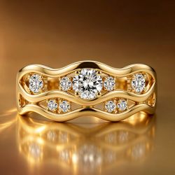 Golden Wave Design Round Cut White Sapphire Half Eternity Wedding Band Ring
