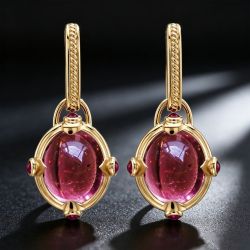 Golden Oval Cabochon Cut Red Sapphire Drop Earrings