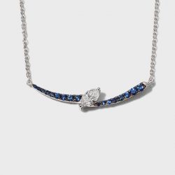 Two Tone Curved Bar Marquise & Round Cut White & Blue Sapphire Pendant Necklace
