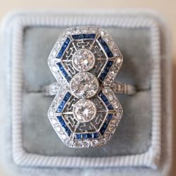 Hollow Design Round & Baguette Cut White & Blue Sapphire Engagement Ring