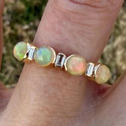 Golden Bezel Round & Baguette Cut Opal & White Sapphire Half Eternity Wedding Band