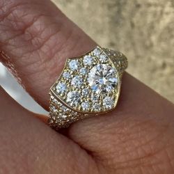Golden Pave Setting Round Cut White Sapphire Engagement Ring 