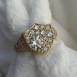 Golden Pave Setting Round Cut White Sapphire Engagement Ring 