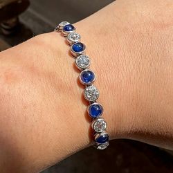 Alternating Cabochon Round Cut Blue & White Sapphire Tennis Bracelet