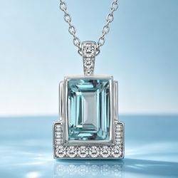 Unique Emerald & Round Cut Aquamarine & White Sapphire Pendant Necklace