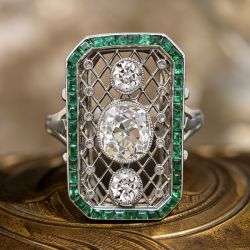 Halo Openwork Cushion & Round Cut White & Emerald Sapphire Engagement Ring