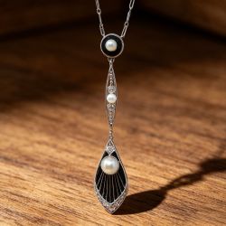Two Tone Round Cut Pearl & White Sapphire Pendant Necklace