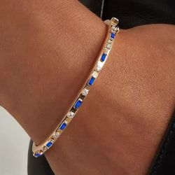 Golden Alternating Baguette & Round Cut Blue & White Sapphire Bangle Bracelet
