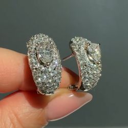 Pave Setting Pear & Round Cut White Sapphire Hoop Earrings