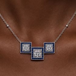 Halo Round & Baguette Cut White & Blue Sapphire Pendant Necklace