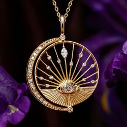 Golden Sunburst Eye Oval & Marquise & Round Cut White Sapphire Pendant Necklace