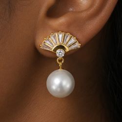 Golden Round & Baguette Cut Pearl & White Sapphire Fan Drop Earrings