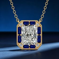 Halo Radiant & Baguette Cut White & Blue Sapphire Pendant Necklace