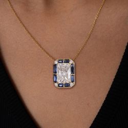 Halo Radiant & Baguette Cut White & Blue Sapphire Pendant Necklace