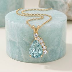 Golden Pear & Round Cut Aquamarine & White Sapphire Pendant Necklace