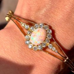 Golden Halo Oval & Round Cut Opal & White Sapphire Bangle Bracelet