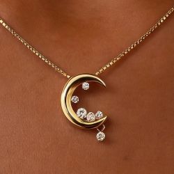 Golden Crescent Moon Round Cut White Sapphire Pendant Necklace