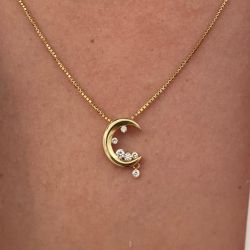 Golden Crescent Moon Round Cut White Sapphire Pendant Necklace