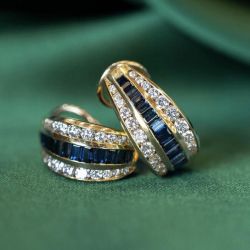 Golden Triple Row Baguette & Round Cut Blue & White Sapphire Hoop Earrings