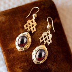 Golden Celtic Knot Oval Cabochon Cut Garnet Sapphire Drop Earrings