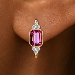 Golden Emerald & Round Cut Ruby  & White Sapphire Hoop Earrings