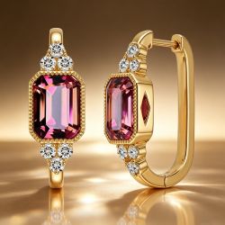 Golden Emerald & Round Cut Ruby  & White Sapphire Hoop Earrings