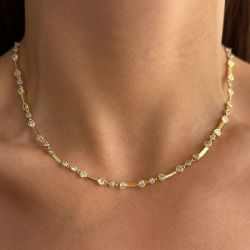 Golden Alternating Round & Heart Cut White Sapphire Tennis Necklace